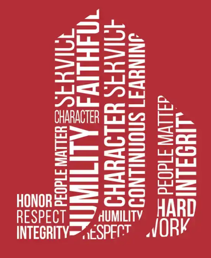 A list of words like honor, respect, integrity, character in the shape of JAG logo - JAG Management Company Jefferson Apartment Group development jobs